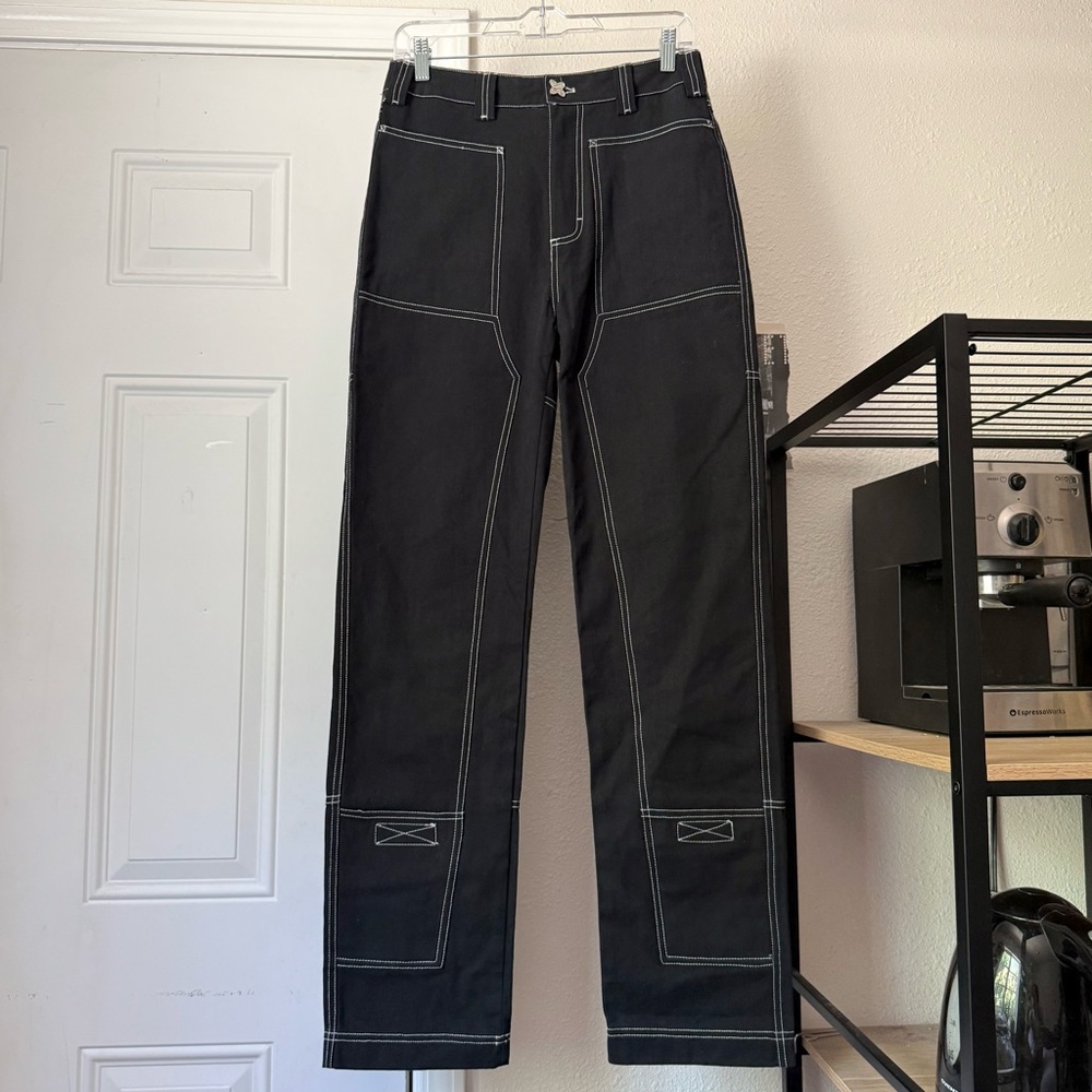 LIQUID LAGOON black contrast‎ stitch utility work chore straight leg high rise